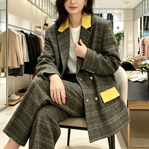 2026秋冬新款含羊毛复古美拉德彩点收腰气质通勤西装外套女