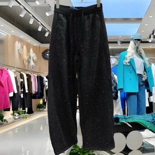 重工烫钻拼接抽绳松紧腰卫裤女弯刀裤加绒加厚宽松秋冬款 欧货