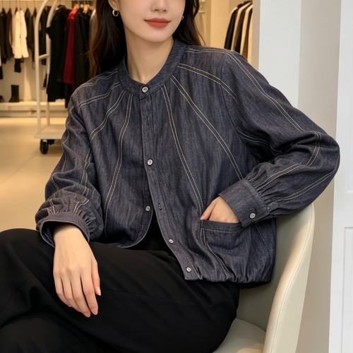 锦彬依秀K03复古牛仔潮圆领单排扣宽松短款牛仔外套女2026秋新款