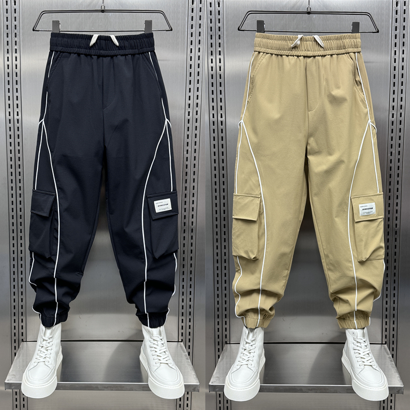 潮牌大口袋工装裤男士春季新款条纹休闲裤拼接宽松束脚九分哈伦裤