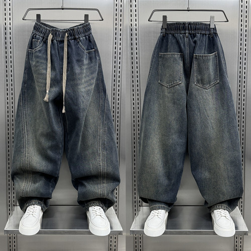 潮牌日系复古做旧牛仔裤男