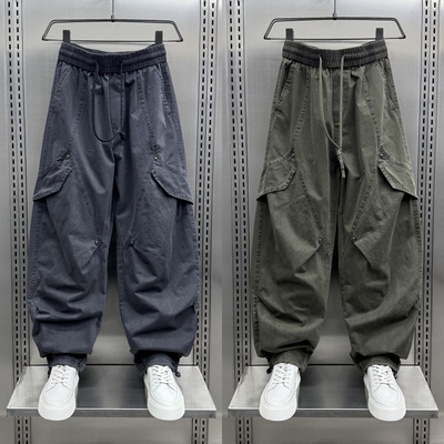 日系潮牌复古褶皱多口袋机能工装裤男秋冬宽松直筒阔腿痞帅休闲裤