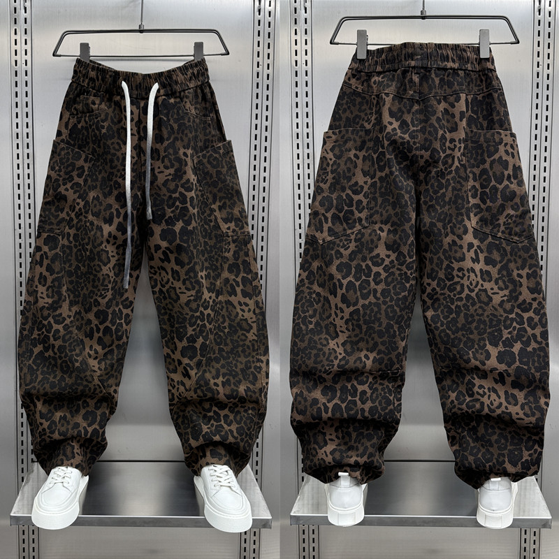 男裤春秋潮牌个性豹纹美式宽松阔腿弯刀裤时尚拼接休闲痞帅工装裤,男装,休闲裤,淘宝优惠券,粉丝福利购,淘宝优惠卷