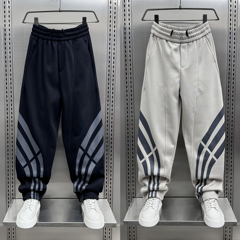 秋冬2024新款个性条纹印花休闲裤男士潮牌加绒运动卫裤痞帅哈伦裤,男装,休闲裤,淘宝优惠券,粉丝福利购,淘宝优惠卷