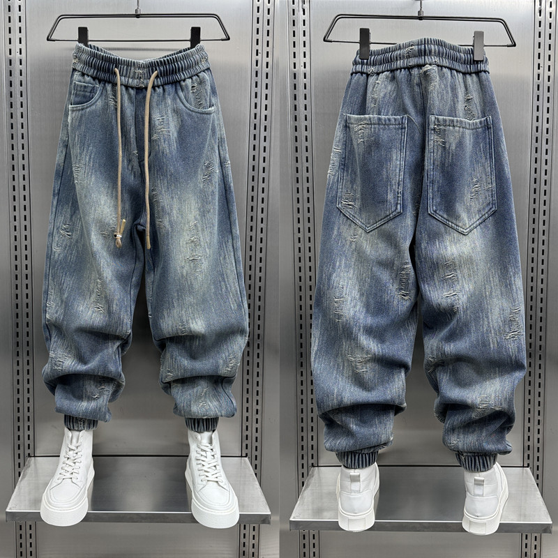 2024秋冬新款休闲牛仔裤男韩版潮流宽松束脚裤痞帅水洗刮烂哈伦裤,男装,牛仔裤,淘宝优惠券,粉丝福利购,淘宝优惠卷