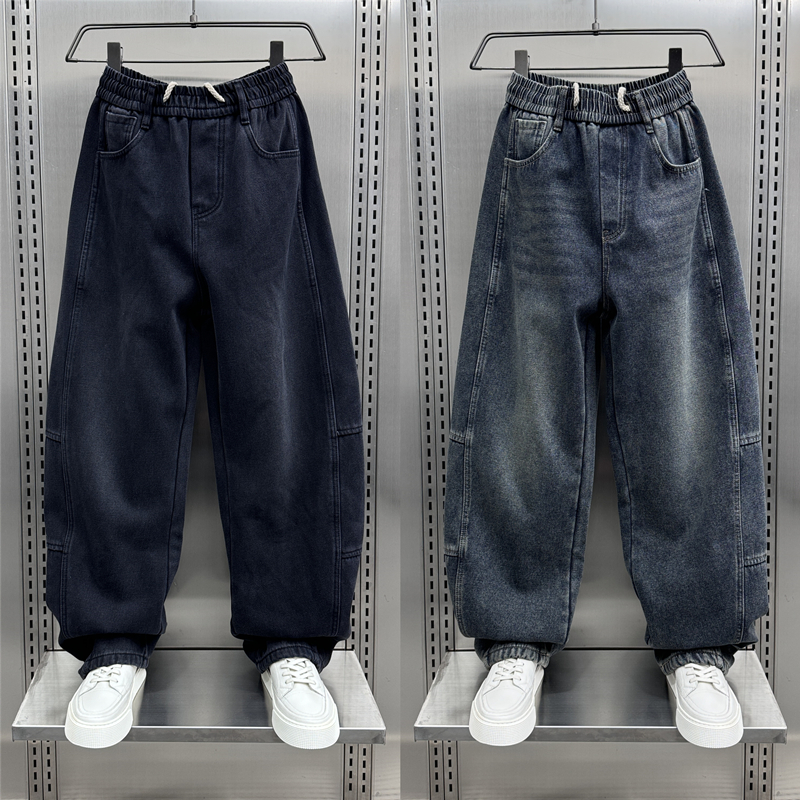 美式拼接加绒牛仔裤男款水洗