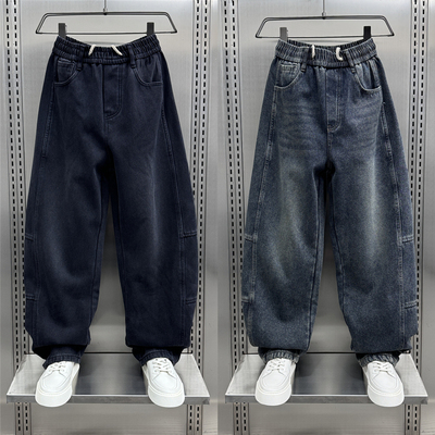 美式拼接加绒牛仔裤男款水洗