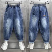 潮流直筒微跨九分痞帅哈伦裤 男士 破洞宽松牛仔裤 男韩版 夏季 薄款