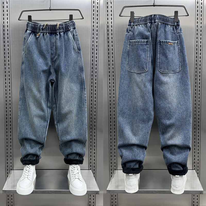 秋冬2024新款加绒牛仔裤男士水洗抽绳休闲长裤青年宽松直筒哈伦裤,男装,牛仔裤,淘宝优惠券,粉丝福利购,淘宝优惠卷