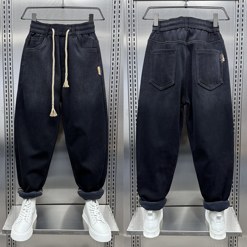 秋冬潮牌加绒加厚牛仔裤男士宽松直筒水洗渐变色抽绳痞帅哈伦裤男,男装,牛仔裤,淘宝优惠券,粉丝福利购,淘宝优惠卷