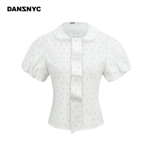 DANZ春夏高密府绸波点花苞泡泡袖花边领按扣领带叠搭短袖衬衫