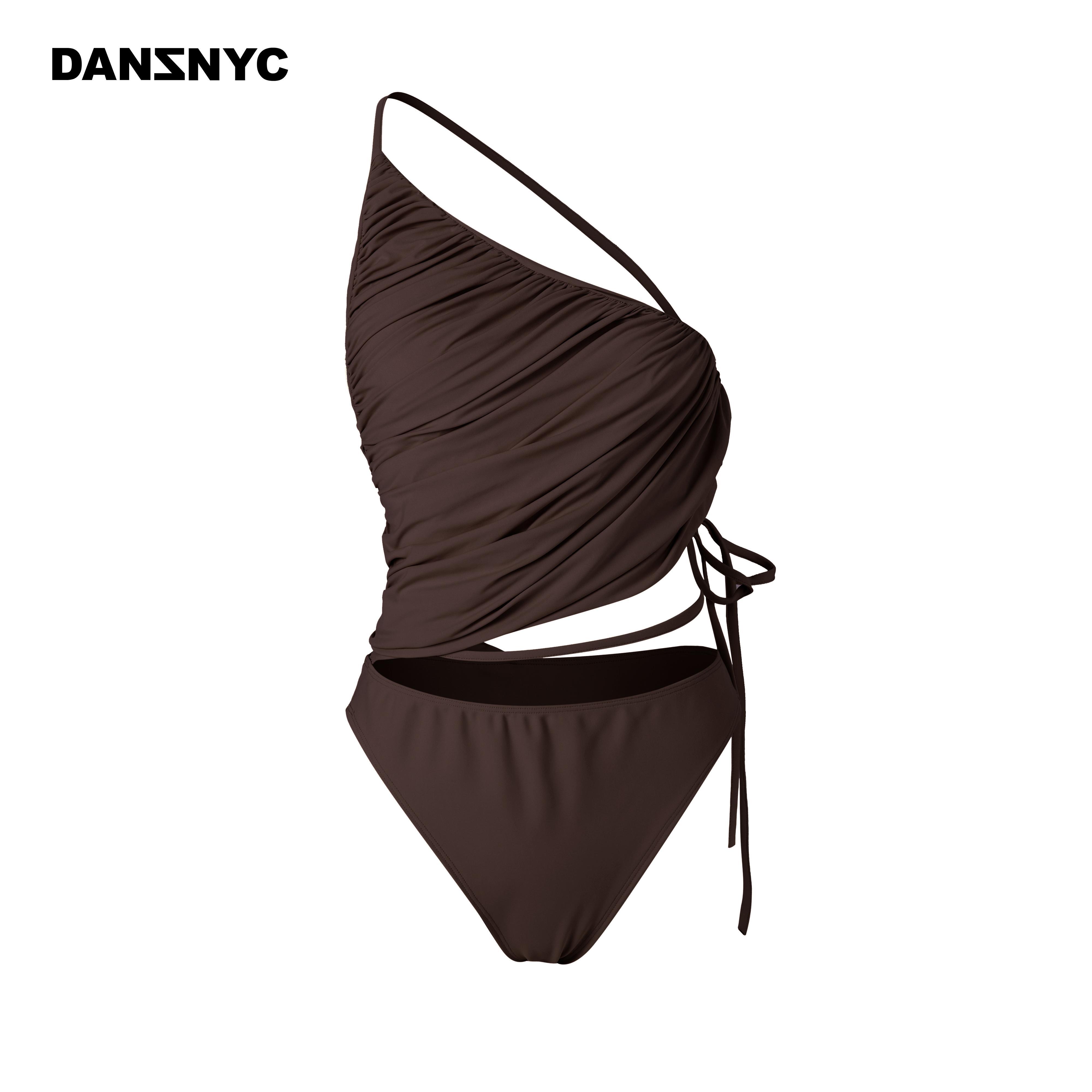 DANZ 咖啡色褶皱不规则连体泳衣