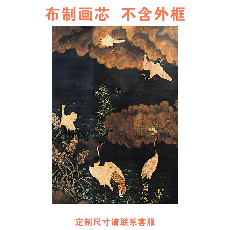 中古风客厅玄关装饰画心沙发新中式挂画法式中古风仙鹤画芯未装裱