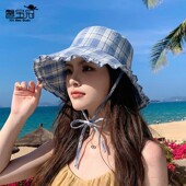 春夏季 格纹渔夫帽 户外出游防晒太阳帽花边大檐遮阳帽子女复古时尚