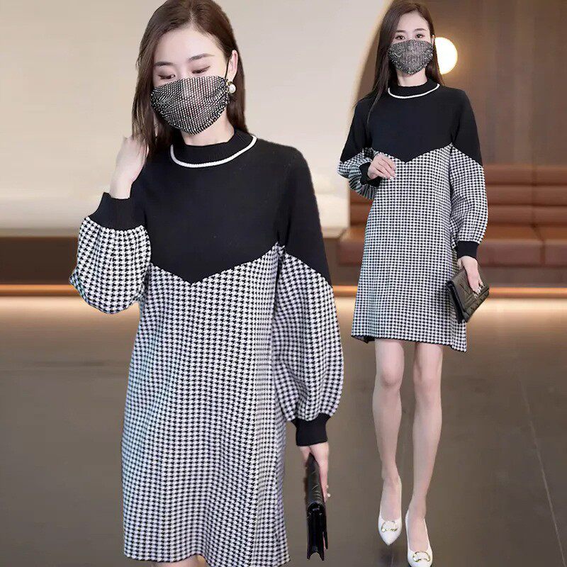 孕妇春装连衣裙套装时尚款上衣新款女不显怀秋千鸟格潮妈遮肚裙潮