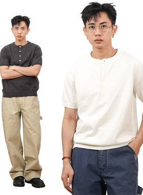 GOODLIVEABLE 美式复古老钱风亨利领纯棉针织短袖t恤通勤百搭上衣