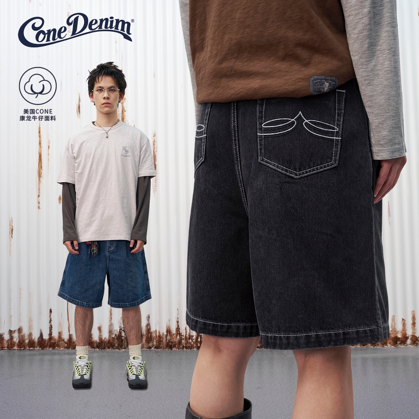 GOODLIVABLE 美国康龙直筒宽松洗水牛仔短裤美式复古休闲五分裤潮