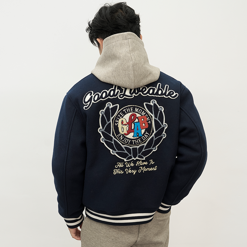 GOODLIVEABLE美式羊绒毛呢万针刺绣棒球服男重磅秋冬保暖夹棉外套