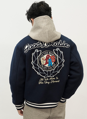 GOODLIVEABLE美式羊绒毛呢万针刺绣棒球服男重磅秋冬保暖夹棉外套