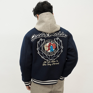 GOODLIVEABLE美式羊绒毛呢万针刺绣棒球服男重磅秋冬保暖夹棉外套