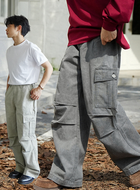 GOODLIVEABLE美式复古泥染伞兵裤防撕裂格纹褶皱秋天长裤工装裤男