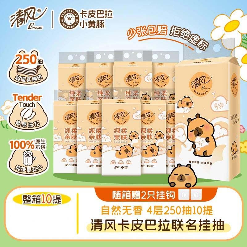 清风挂抽10提卡皮巴拉纸巾整箱悬挂式抽纸4层加厚250抽家用卫生纸,居家布艺,抽纸袋,淘宝优惠券,粉丝福利购,淘宝优惠卷