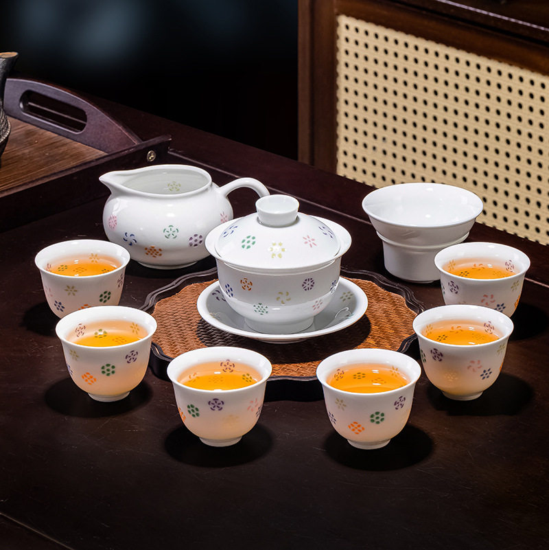 景德镇七彩玲珑瓷功夫茶具套装送长辈礼品伴手礼办公室会客茶具