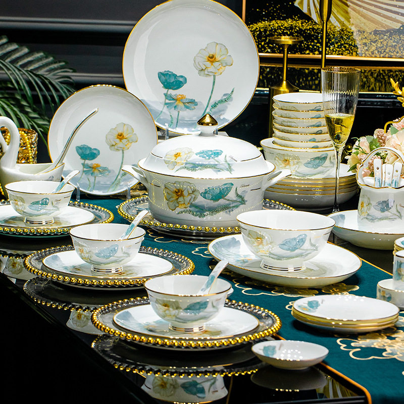 景德镇骨瓷餐具碗碟套装家用新中式轻奢陶瓷碗盘碟组合乔迁送礼品,餐饮具,碗,淘宝优惠券,粉丝福利购,淘宝优惠卷