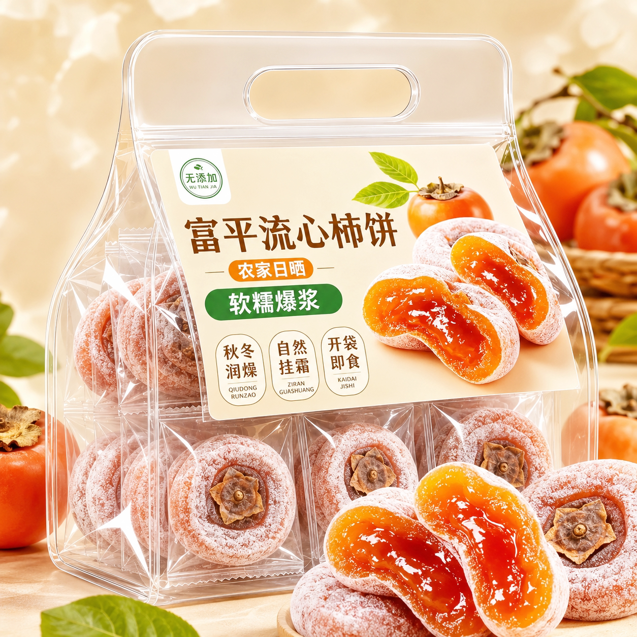 圆流心柿吊柿独立包装自然霜降吊柿饼农家新货柿子批发零食品店铺