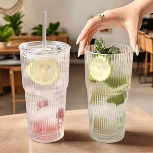 情侣对杯高颜值冷饮果汁咖啡杯带盖吸管大容量条纹玻璃杯水杯ins
