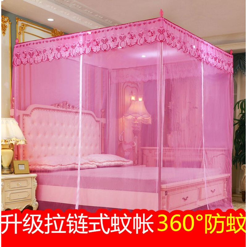 新款拉链式蚊帐三开门落地蚊帐公主风蕾丝花边双人家用宫廷纹帐子