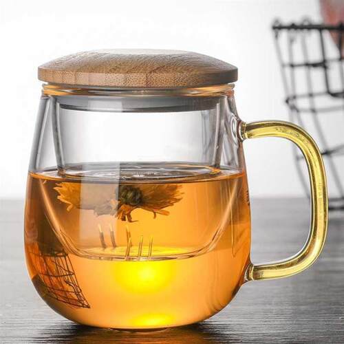Glass Tea Infuser Cup With Transparent Filter Bamboo Lid