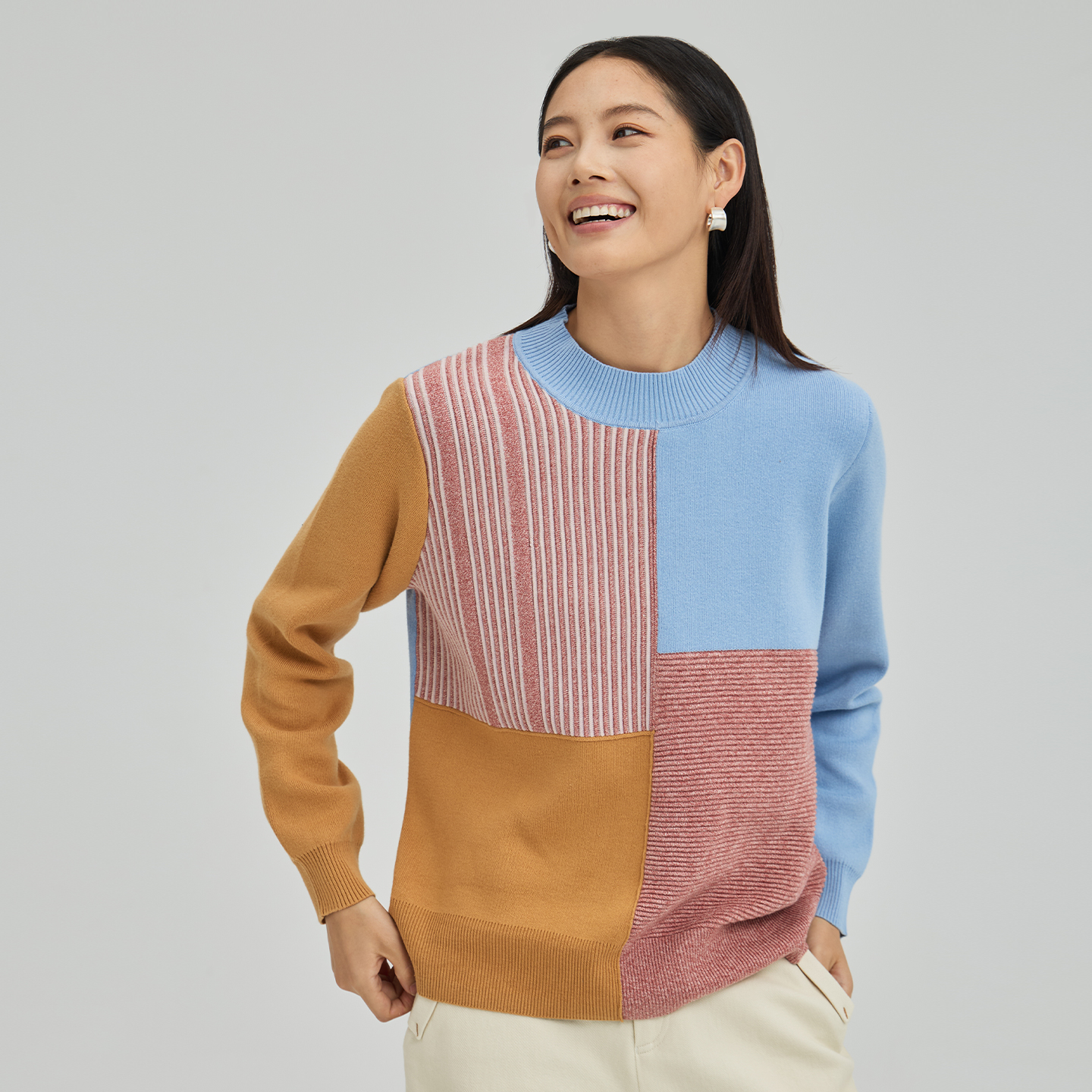 无色无味撞色条纹拼接毛衫