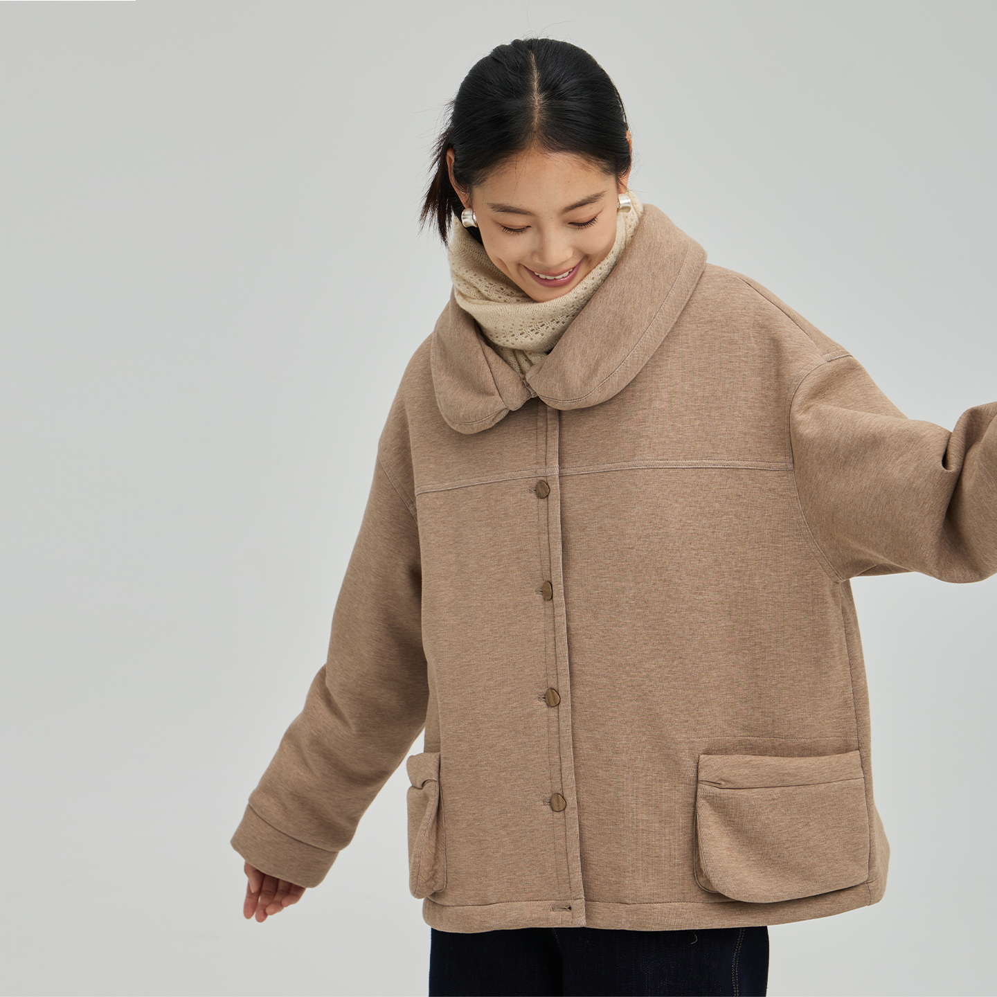 无色无味大码针织棉服翻领外套女