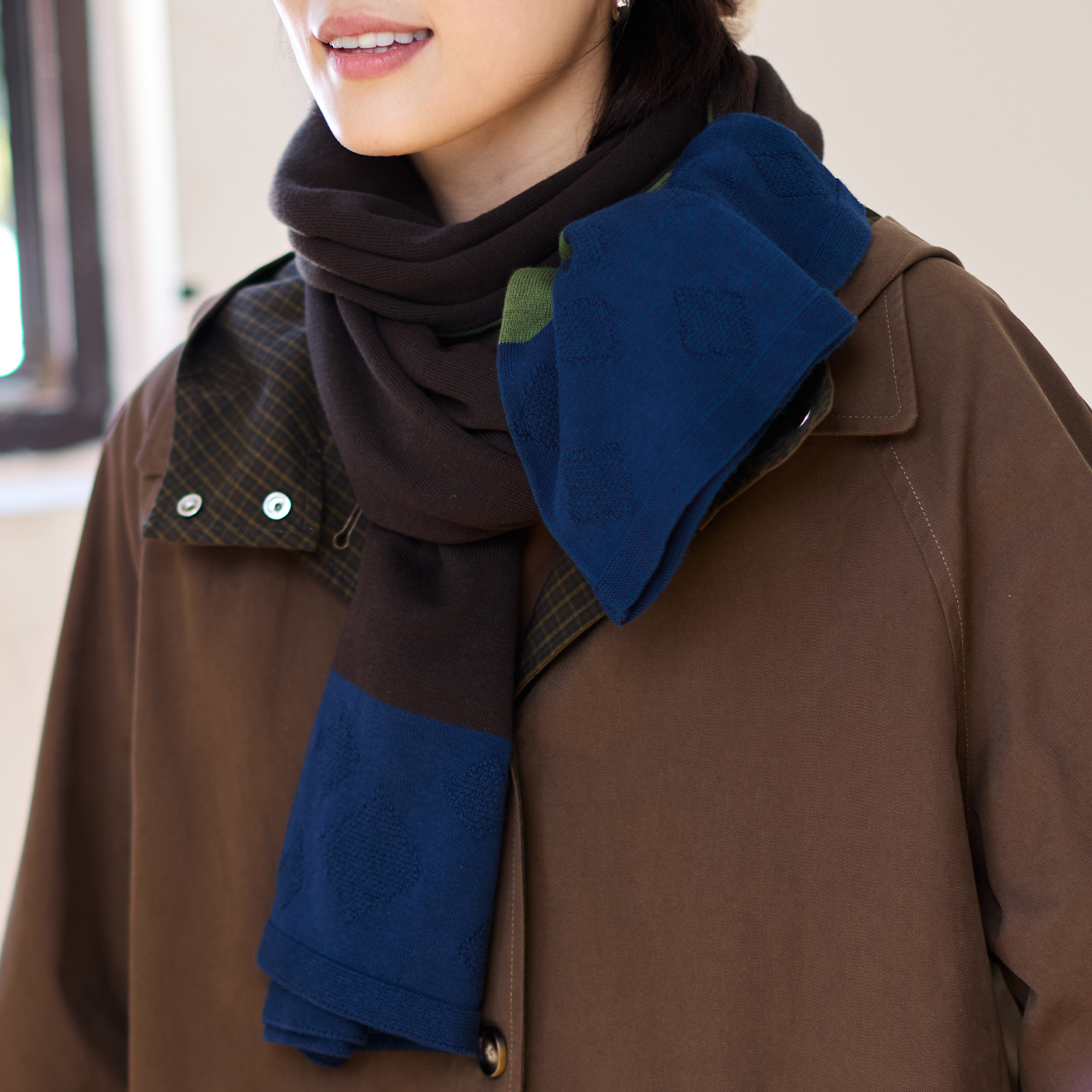 无色无味编织围巾2025冬季新款全棉拼色提花围脖女