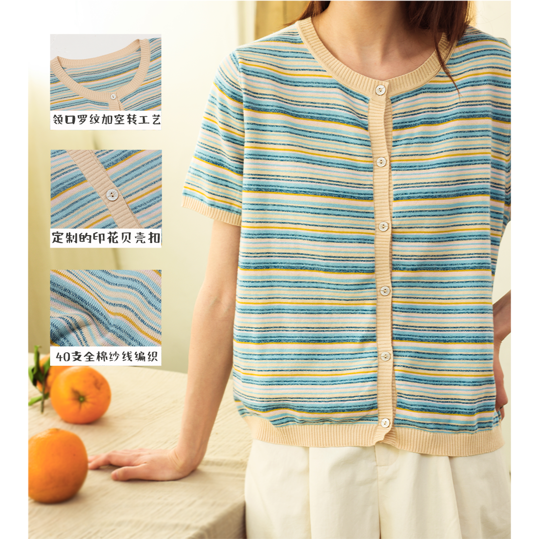 无色无味新款圆领条纹编织开衫女