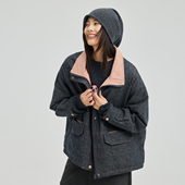 无色无味 棉麻撞色翻领保暖棉服 外套棉衣女新款 奶油蛋黄酱 冬季