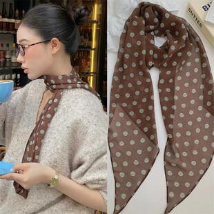 抖音法式复古棕色波点丝巾女春秋薄款小众设计千禧风长条领巾围巾