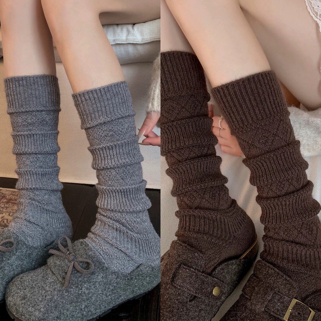 佳琦D潮袜驿站秋冬保暖针织毛线小腿袜纹理复古ins堆堆长筒袜子女