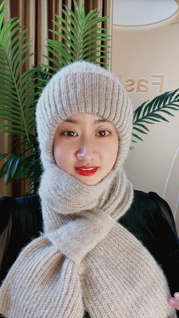 米可丫帽业加绒加厚保暖帽防寒帽女士一体风雪帽子女针织丝亭丝巾