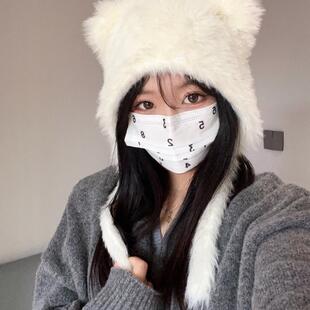 丸子家帽舍可爱小猫耳朵毛绒帽子女秋冬季保暖护耳白色针织帽子女