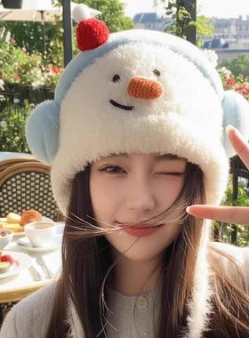 snapshot帽帽冬日小雪人可爱毛绒针织帽大头围保暖护耳套头帽亲子