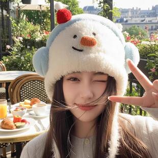 snapshot帽帽冬日小雪人可爱毛绒针织帽大头围保暖护耳套头帽亲子
