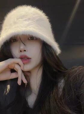 盖个帽儿帽子女秋冬韩版2025新款显脸小兔毛水桶渔夫盆帽大头围女