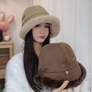 哆肉帽子屋渔夫帽女2023新款秋冬季毛绒鸭舌帽加厚保暖鱼夫盆帽子