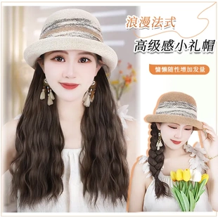 桃羽溫柔氣質法式 顯臉小帶帽假發 卷沿帽子假發一體長卷發高級時尚