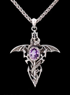 复古恶魔之剑吊坠男潮流个性紫水晶套链时尚仿泰银天使翅膀项链