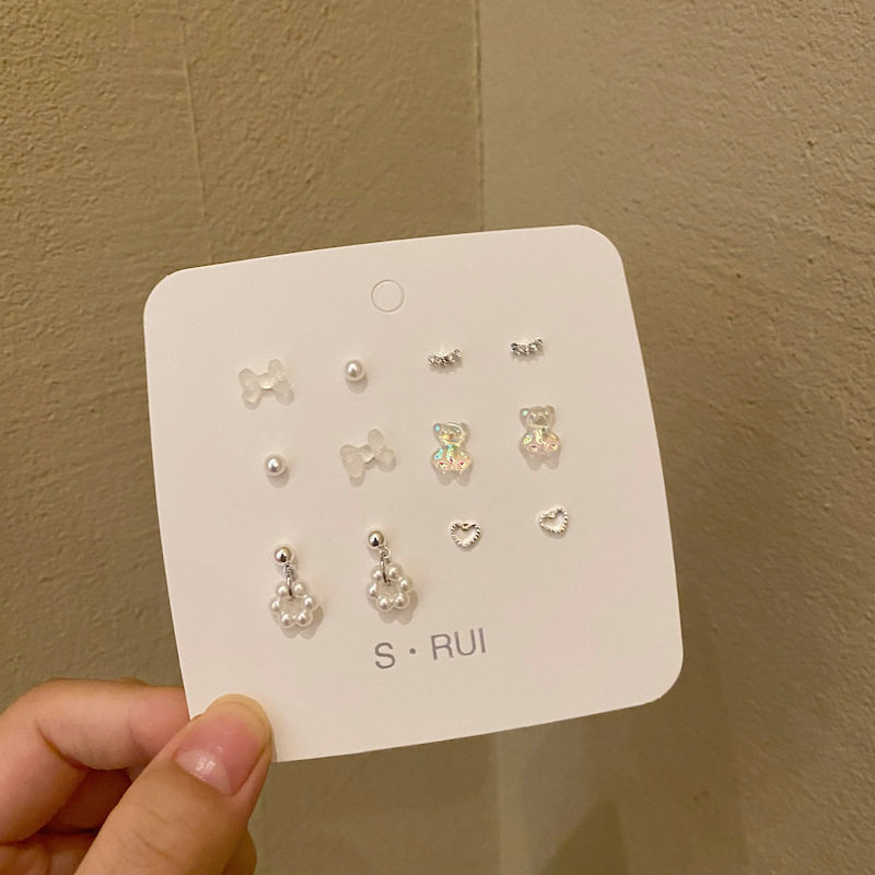 透明蝴蝶结小熊耳钉套装