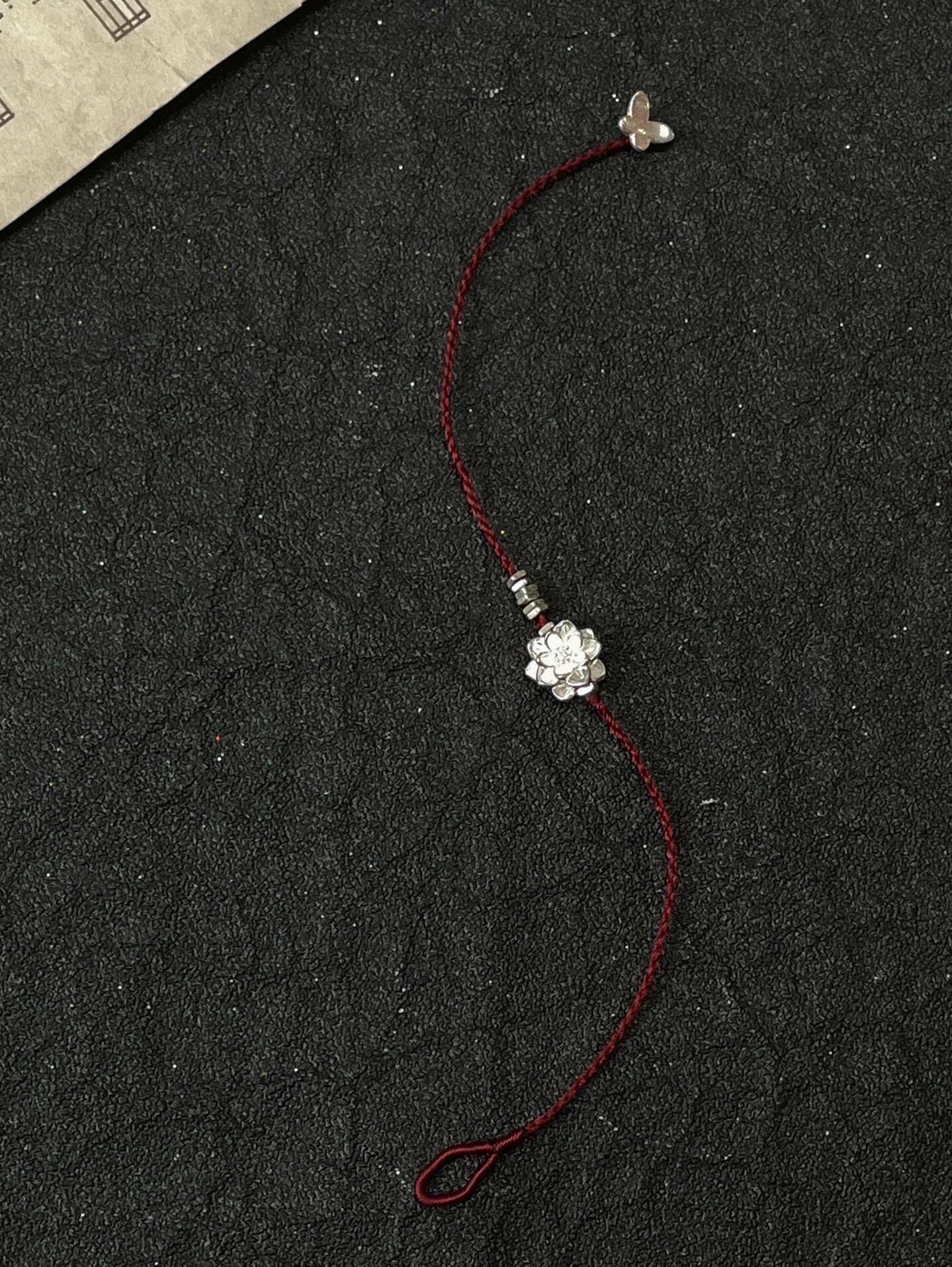 蝴蝶碎银子莲花手链女酒红色手工编织手绳小众ins轻奢百搭手饰