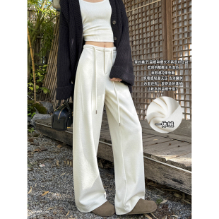 一体绒毛呢休闲直筒裤 裤 子 女秋冬高腰加厚西装 白色醋酸羊毛阔腿裤